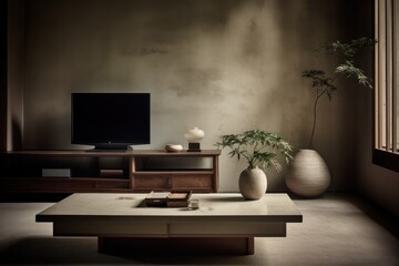 Wide Angle 3D Render of a Luxurious, Modern Living Room with Boho and Japandi Influence.