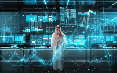 Muslim businessman working with floating data visualization screen