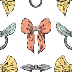 Cute seamless pattern for girls with hand-drawn multicolored bows highlighted on a white background. Graphic bow in vector. Background with bows vector. Accessories for girls vector.