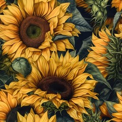 Sunflowers Oil painting Seamless Pattern, generative AI