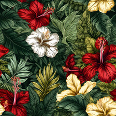 Tropical Flower leaves Hawaiian pattern Seamless Pattern, generative AI