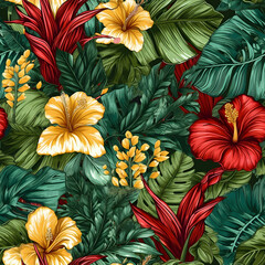Tropical Flower leaves Hawaiian pattern Seamless Pattern, generative AI