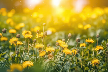Fototapeta na wymiar Beautiful blurred background with dandelion field and flowers, pastel colors, bright morning sunlight, bokeh. Romantic illustration made with Generative AI