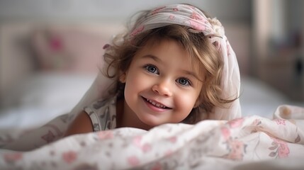Cute happy little baby portrait, well lit bedroom indoor background. AI generative image. - obrazy, fototapety, plakaty