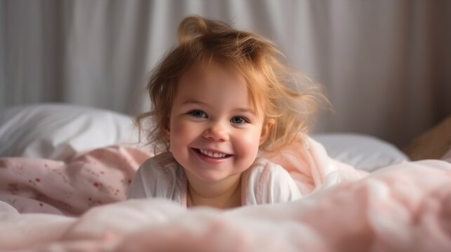 Cute happy little baby portrait, well lit bedroom indoor background. AI generative image.