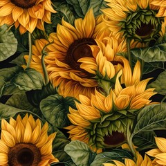 Sunflowers Oil painting Seamless Pattern, generative AI