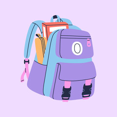 Kids backpack with study supplies and stationery. Colorful schoolbag with textbooks, pencil-box. Hand drawn vector illustration isolated on purple background. Modern flat cartoon style