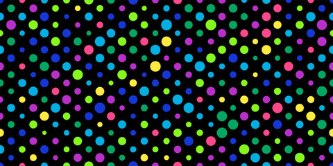 Pokadot bright seamless pattern on black. Abstract multicolor vector background with polka dots. Fun wallpaper with circles. Modern simple geometric pop art backdrop. Festive colorful confetti