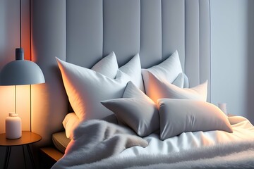 Bright neon-lit bedroom with comfortable bed and beige blankets in the interior - generative ai