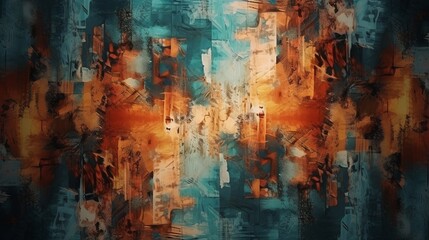 abstract blue, orange, yellow and black watercolor painted background. Generative AI.
