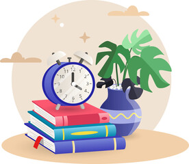 Alarm illustration. Clock, vase, plant, books. Editable vector graphic design.