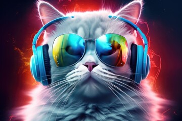 Cool dj cat listening to music with headphones on and sunglasses. Generative AI.