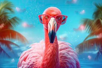 Pink flamingo wearing summer sunglasses. Summer background. Generative AI. - obrazy, fototapety, plakaty