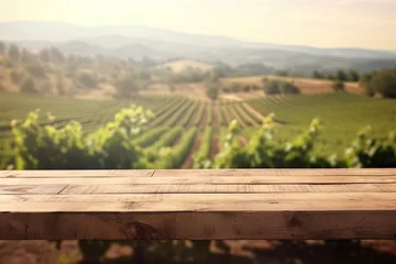 Papier Peint photo autocollant Vignoble An empty wooden table for product display. Blurred french vineyard in the background. Generative AI.