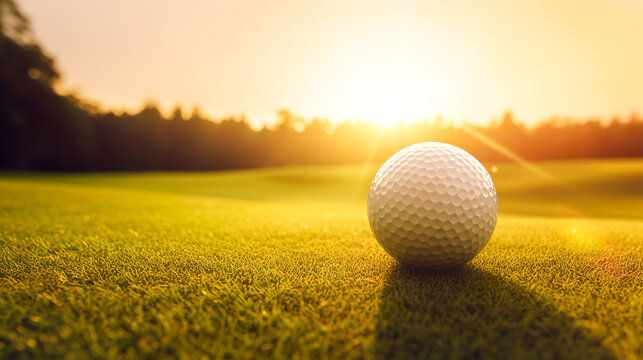 ゴルフボールと夕日のイメージ画像　Generative AI