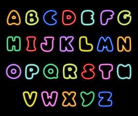 Alphabet neon. Abc letters, neon font. Neon glowing font. Hand drawn  kids style cartoon style font  Handwritten  letters, symbols. Lamps style letter. Neon light font on a dark background.
