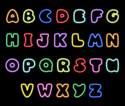Alphabet neon. Abc letters, neon font. Neon glowing font. Hand drawn  kids style cartoon style font  Handwritten  letters, symbols. Lamps style letter. Neon light font on a dark background.