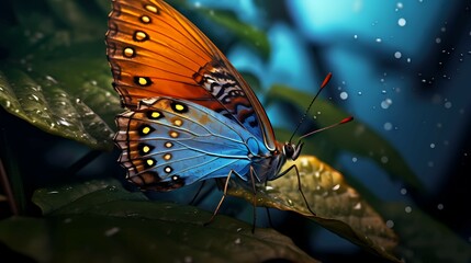 Obraz na płótnie Canvas Colorful tropical butterfly on the leaves, against the background of the forest. Generative AI