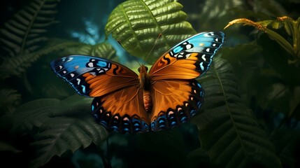 Naklejka na ściany i meble Colorful tropical butterfly on the leaves, against the background of the forest. Generative AI