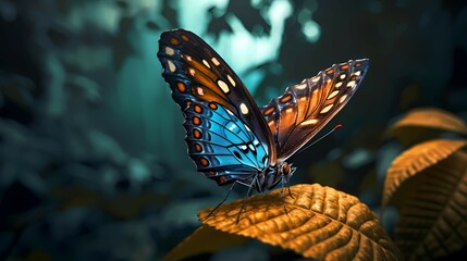 Colorful tropical butterfly on the leaves, against the background of the forest. Generative AI