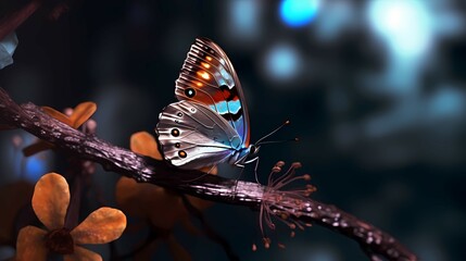 Colorful tropical butterfly on the leaves, against the background of the forest. Generative AI
