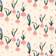 Seamless pattern with a variety of onions and flowers. Spring flowers seamless pattern illustration. Children style floral doodle background, funny basic nature shapes wallpaper.