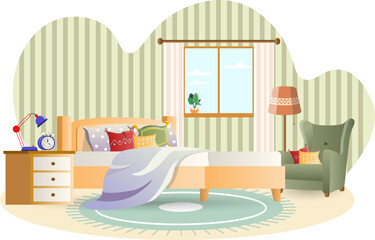 Bedroom illustration. Bed, pedestal, armchair, pillows, lamp. Editable vector graphic design.