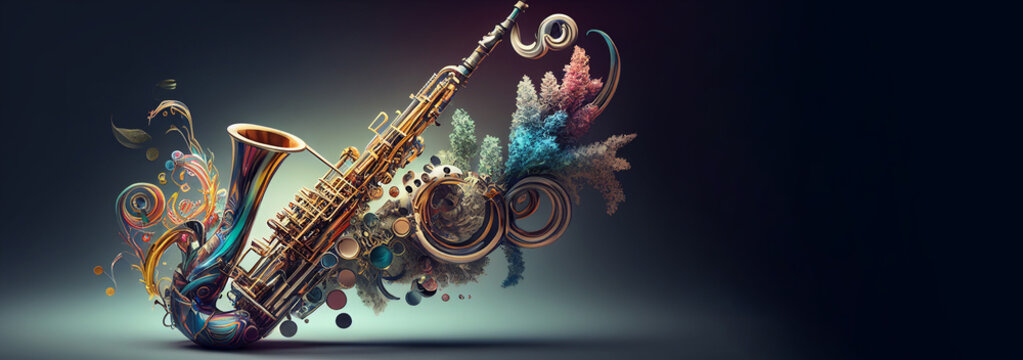 Saxophone wind instrument with abstract colorful ornament, illustration banner with copy space. Generative AI