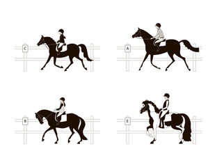  Set of vector illustrations, training at a riding school