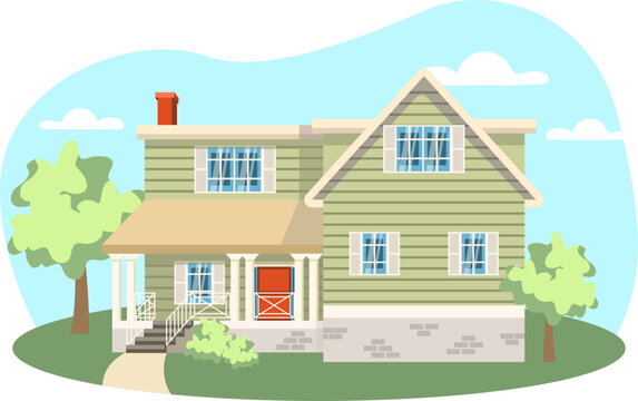 House illustration. Building, roof, window, door, porch. Editable vector graphic design.