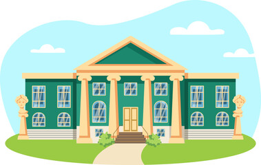 Museum illustration. Building, column, window, door, statue. Editable vector graphic design.