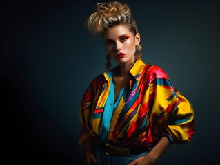 Vibrant Pose: Woman's 1980s Studio Fashion Portrait