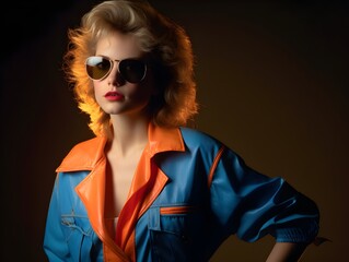 Vibrant Pose: Woman's 1980s Studio Fashion Portrait