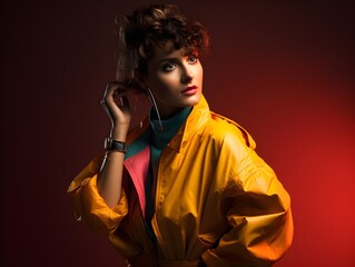 Vibrant Pose: Woman's 1980s Studio Fashion Portrait