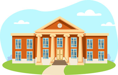 School illustration. Building, column, window, door, clock. Editable vector graphic design.