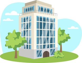 Hotel illustration. Building, tree, window, door. Editable vector graphic design.