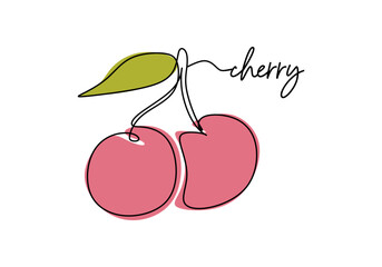 Cherry continuous one line drawing, fruit vector illustration.