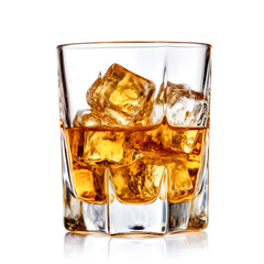 whiskey glasses with ice cubes on white background