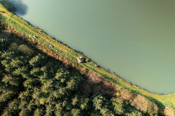 Savour the midday sun over a tranquil fishing lake in Wexford. This aerial image showcases the beauty of spring, with carp inhabiting the lake and long shadows creating a dramatic effect