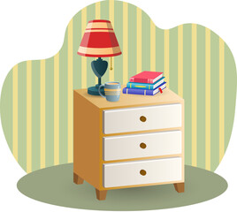 Pedestal illustration. Lamp, books, nightstand, cup. Editable vector graphic design.