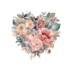 Gentle Retro Style Watercolor Painting: Romantic Heart Vignette with Vintage Flowers and Roses Leaves, isolated transparent, Created by Generative AI