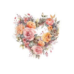 Gentle Retro Style Watercolor Painting: Romantic Heart Vignette with Vintage Flowers and Roses Leaves, isolated transparent, Created by Generative AI