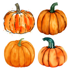 Set of watercolor orange pumpkins isolated on white. Decor for halloween.