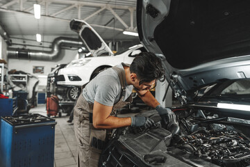 Young male mechanic examining engine under hood of car at the repair garage