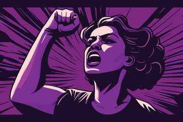 Feminist woman raised up clenched fist. Feminism girl power symbol in flat vector illustration for International Women day. Comic style with rays behind.