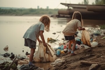 A group of children collecting plastic on the beach. Generative AI
