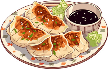 japanese food fried gyoza dumplings, hand drawn illustration