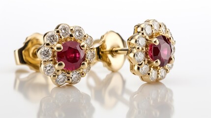 A pair of gold stud earrings with red stones and diamonds on white background