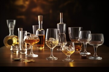 many glasses with elite alcohol on a wooden background. generative ai