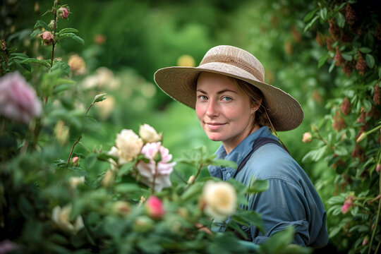 Gardening bliss: Smiling woman tending to her garden with a stylish hat, ai generative